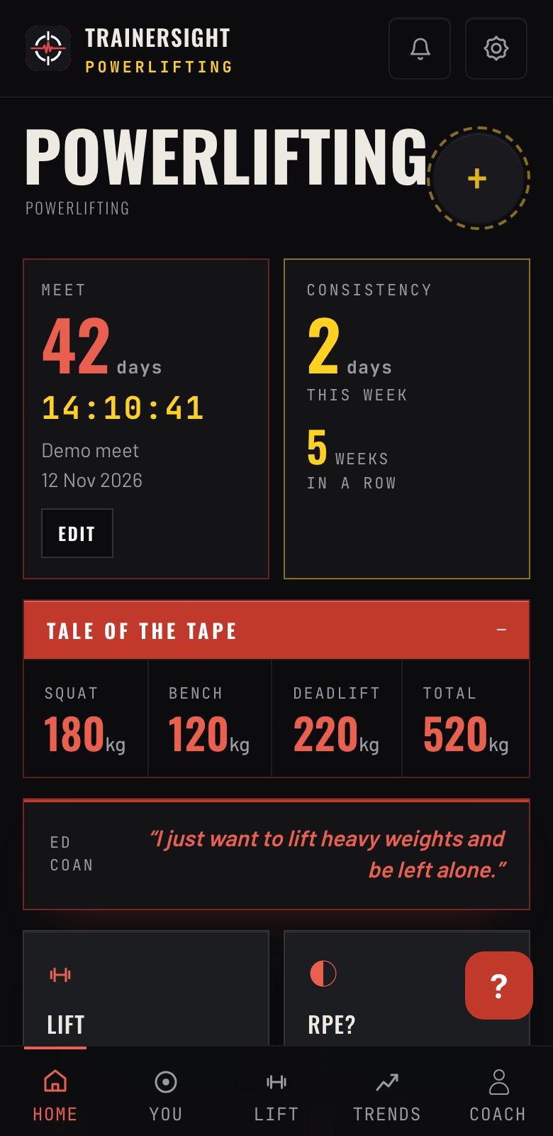 A demo athlete's home screen, showing competition bests, total and days to the meet