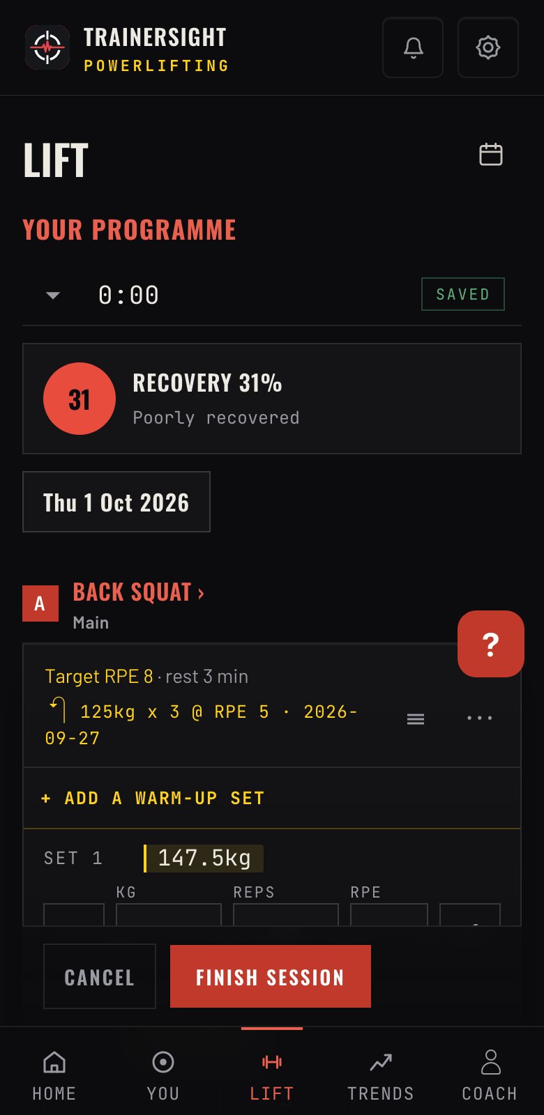 A session in progress, with loads, reps, RPE and last time's figures